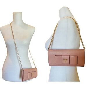 Prada Dusty Pink Bow Wallet Crossbody Bag with Gold Chain